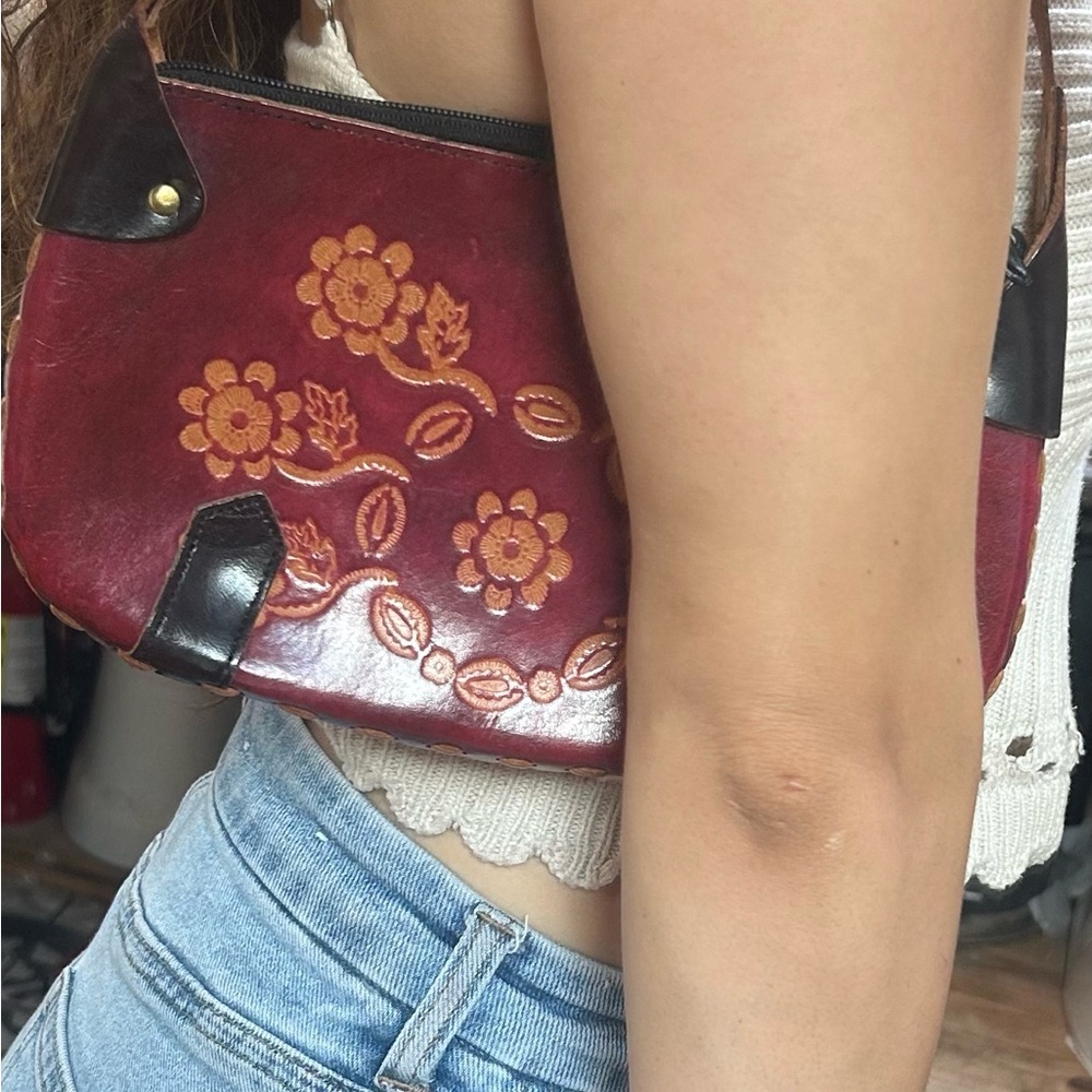Floral Embossed Red Leather Shoulder Bag